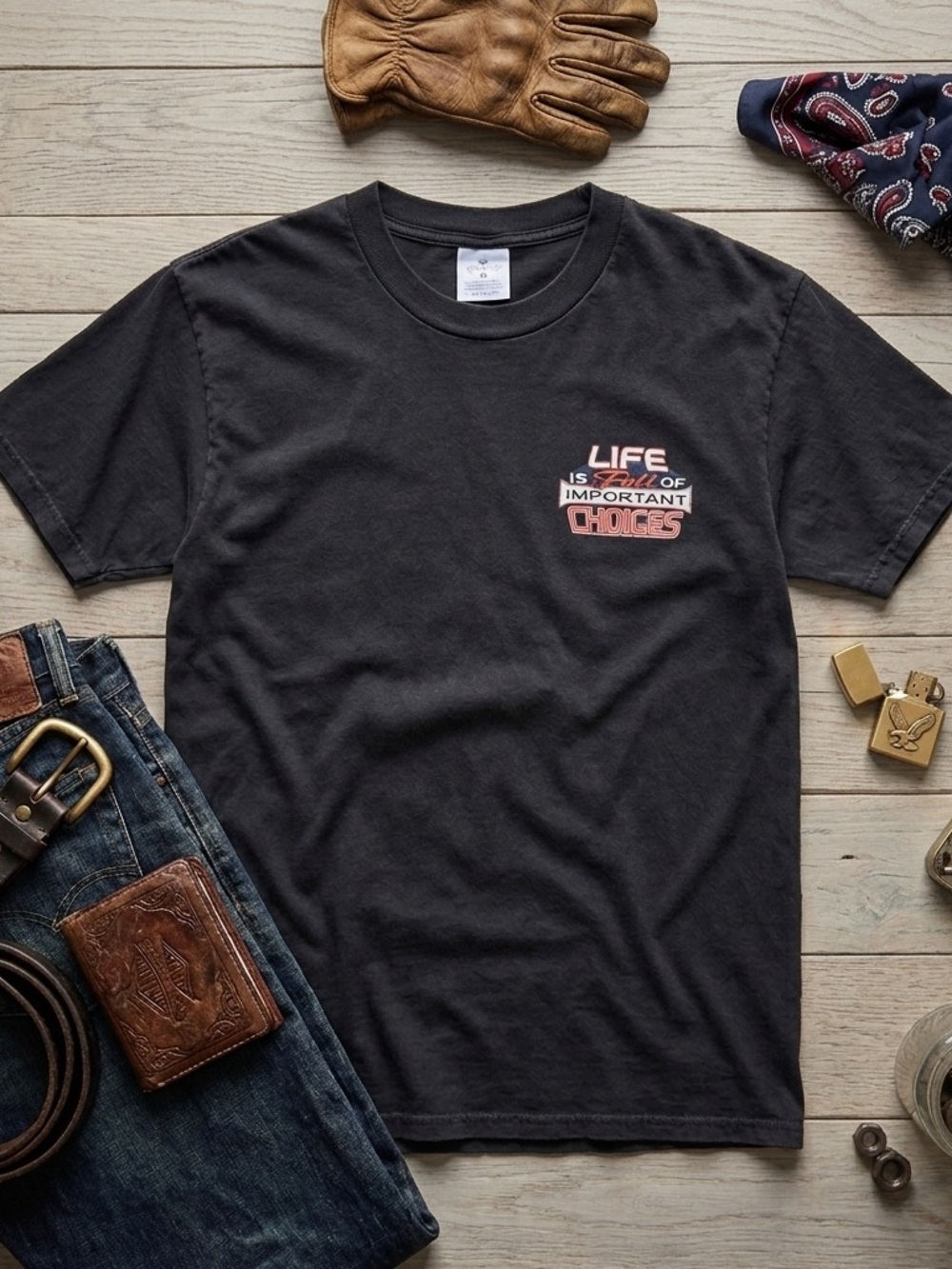 Men’s Vintage Biker Tee “Life Is Full of Important Choices” Motorcycle Shirt L